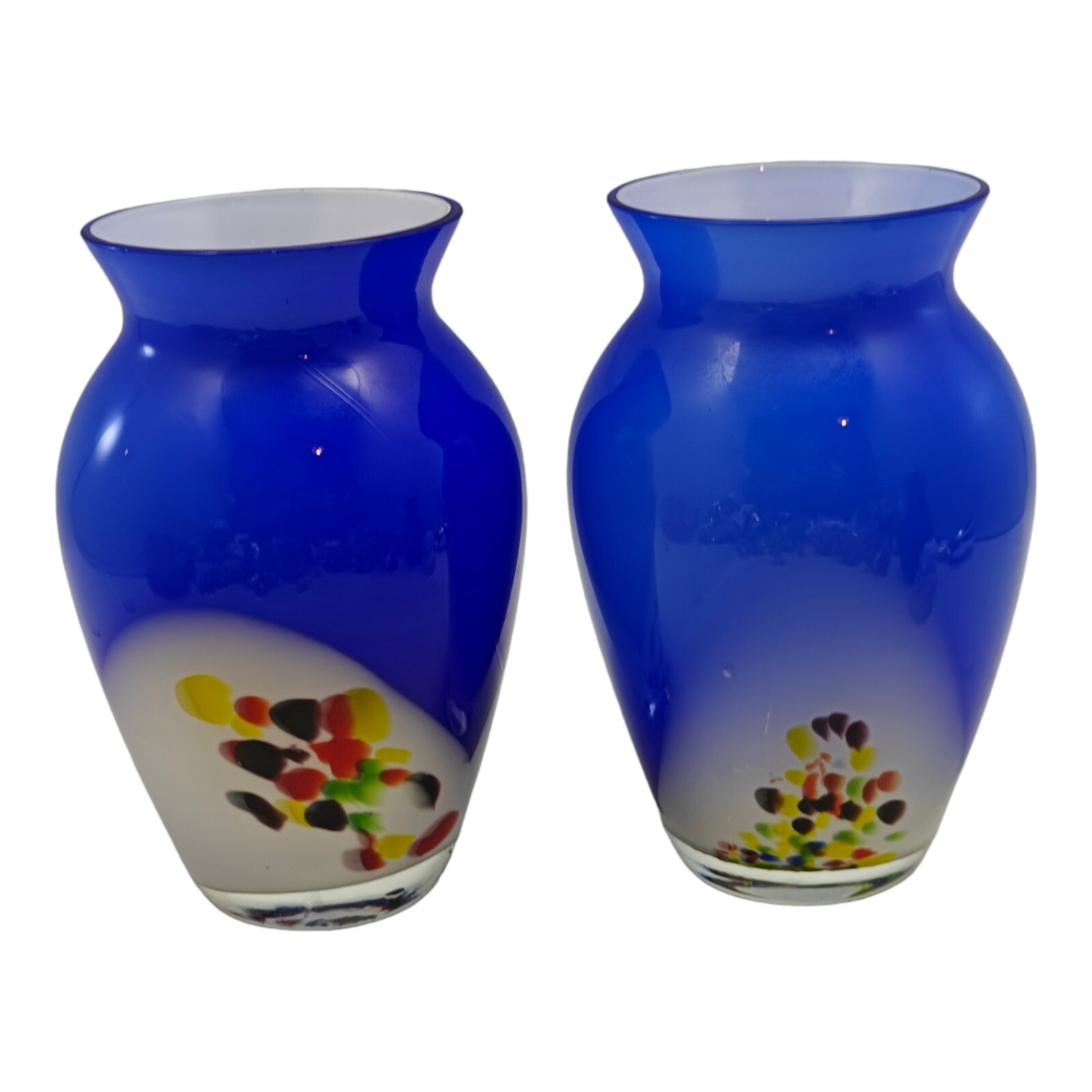 Hand Blown Art Glass Vases Cobalt Blue Confetti Cased Lot Of 2