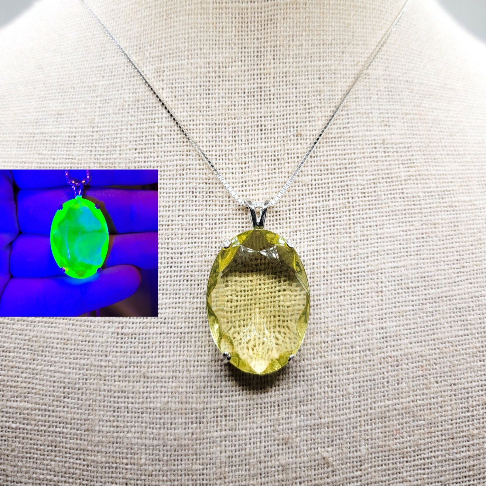 Huge Sterling Uranium Glass Neckl@ce Canary Yellow Pend@nt 925 Silver Vaseline