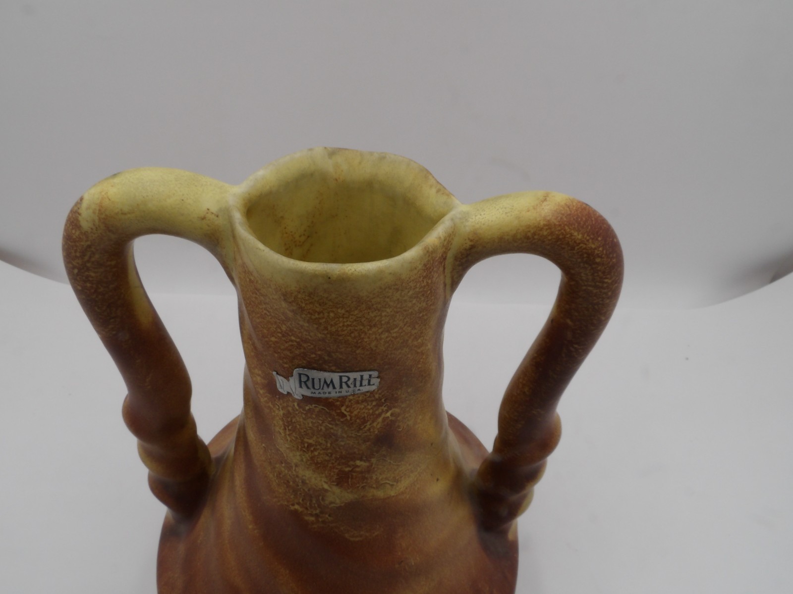 Vintage Rumrill Pottery Brownish Matte Double Handle Swirl Vase 8.5″