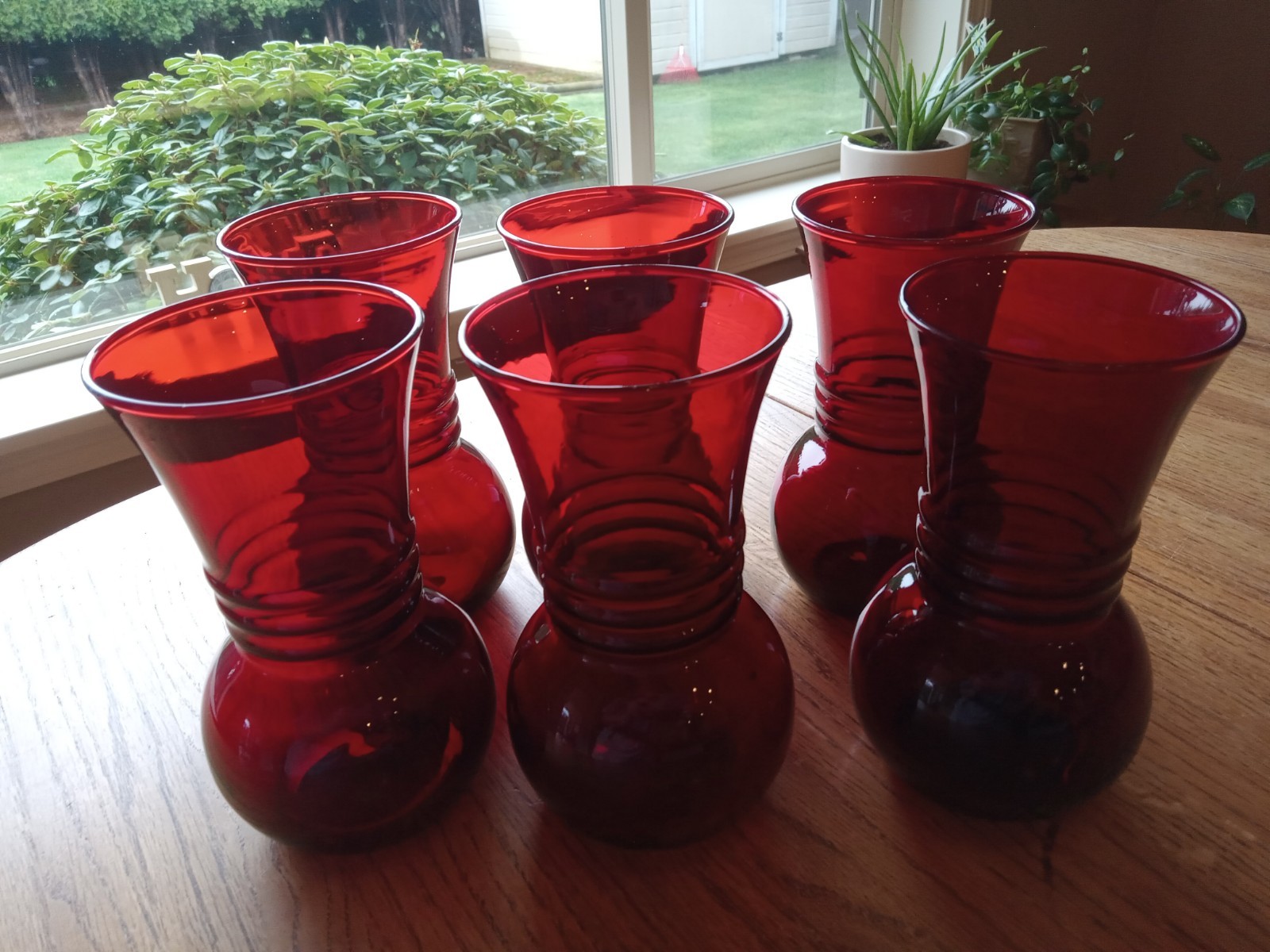 Vintage Anchor Hocking Royal Ruby Red Glass Vases Ribbed 6 3/8” Tall ~ Lot of 6