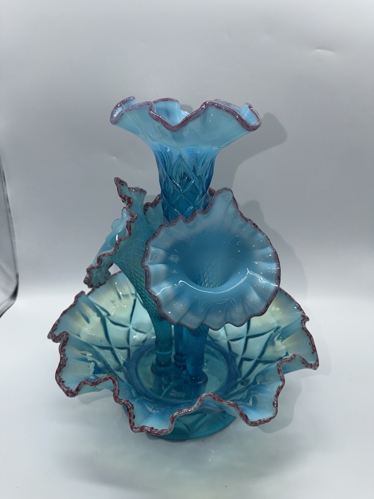 Vintage Epergne Northwood 4 Horn Opalescent Blue Red Frit Stunning READ RARE