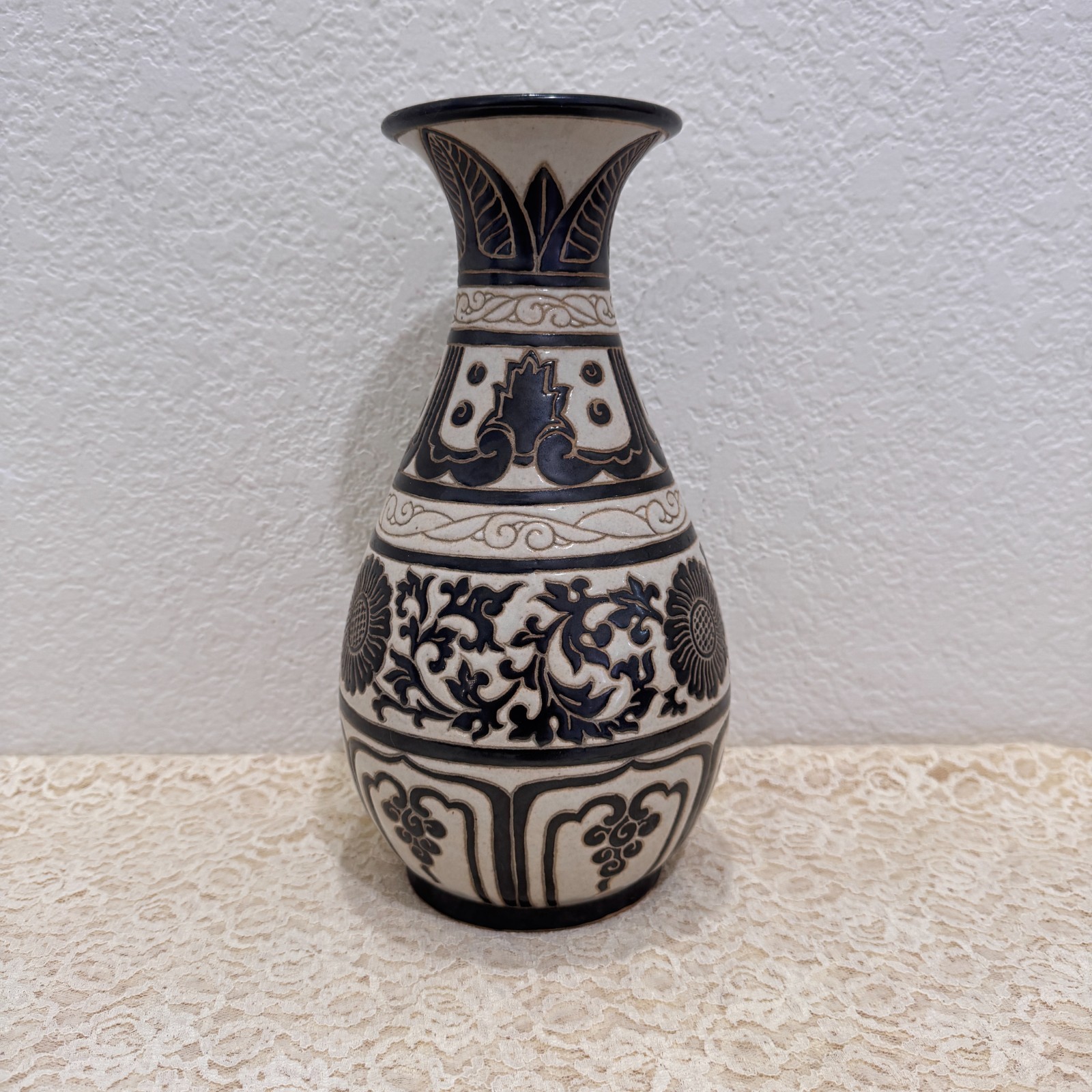 Vintage Studio Pottery Vase Black Cream Sgraffito Floral Boho Tribal 11”