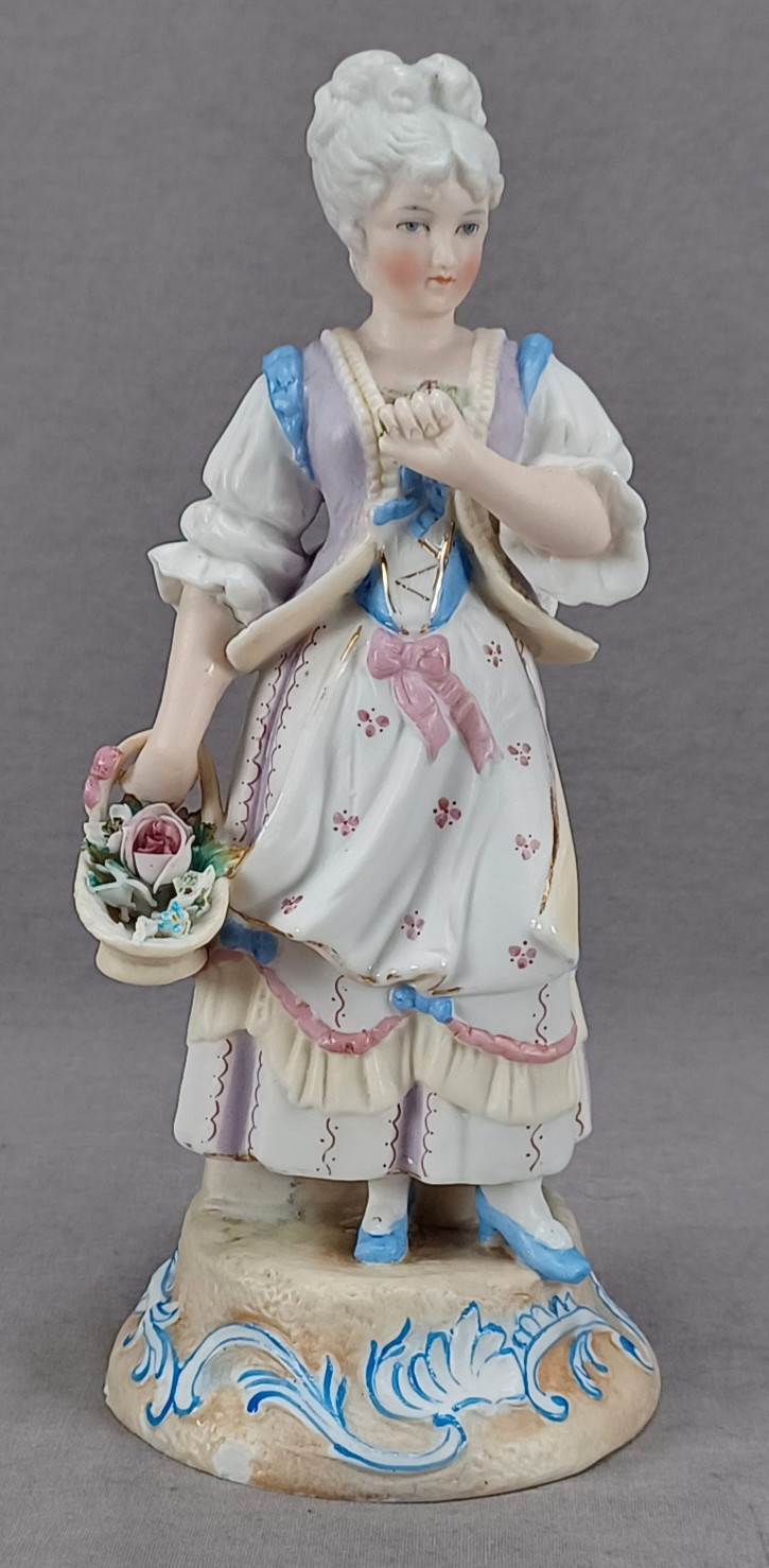 19th Century Continental Hand Painted Bisque Lady Basket of Flowers Figurine