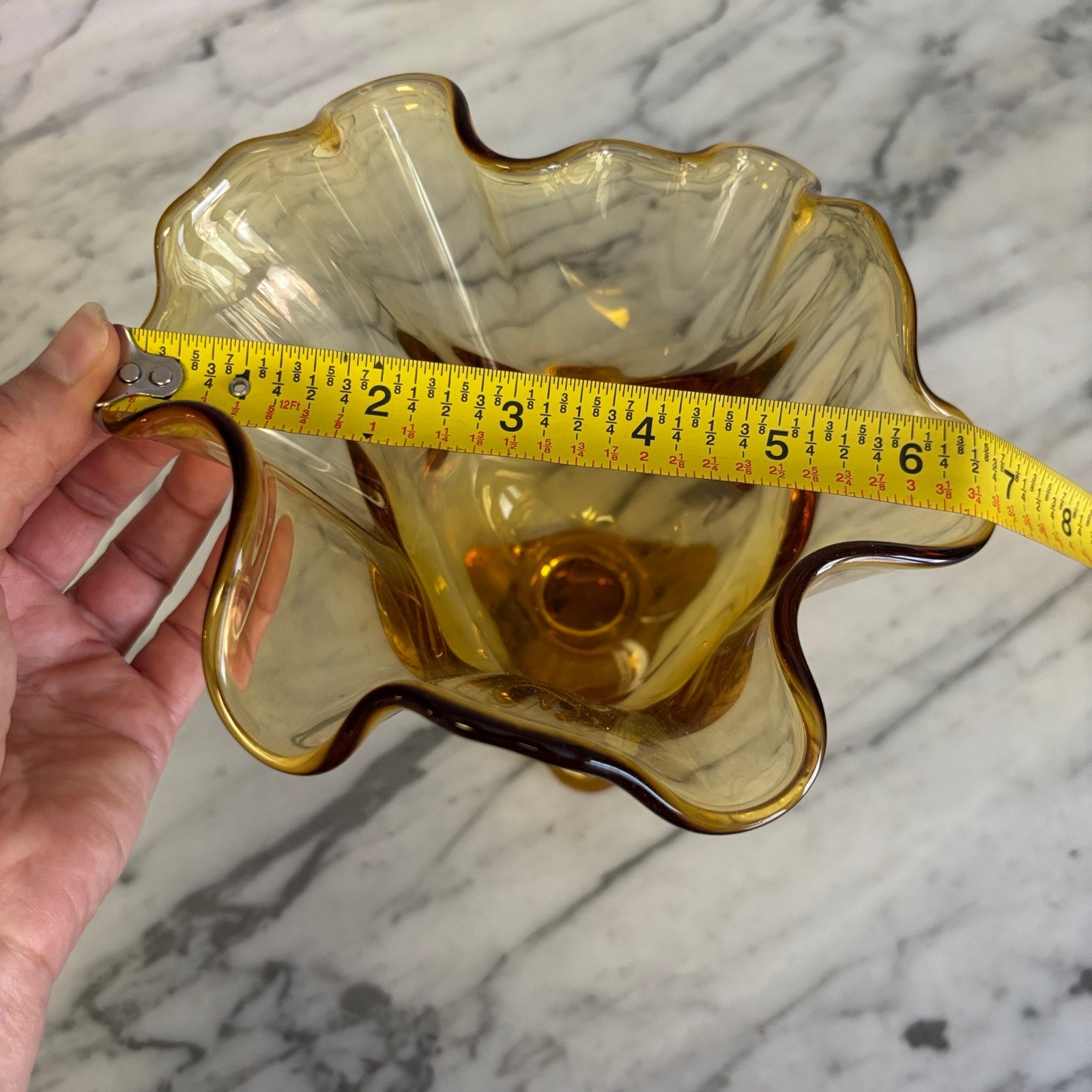 Viking Amber Glass Handkerchief Dish Vase 8″ Six Petal Pedestal MCM