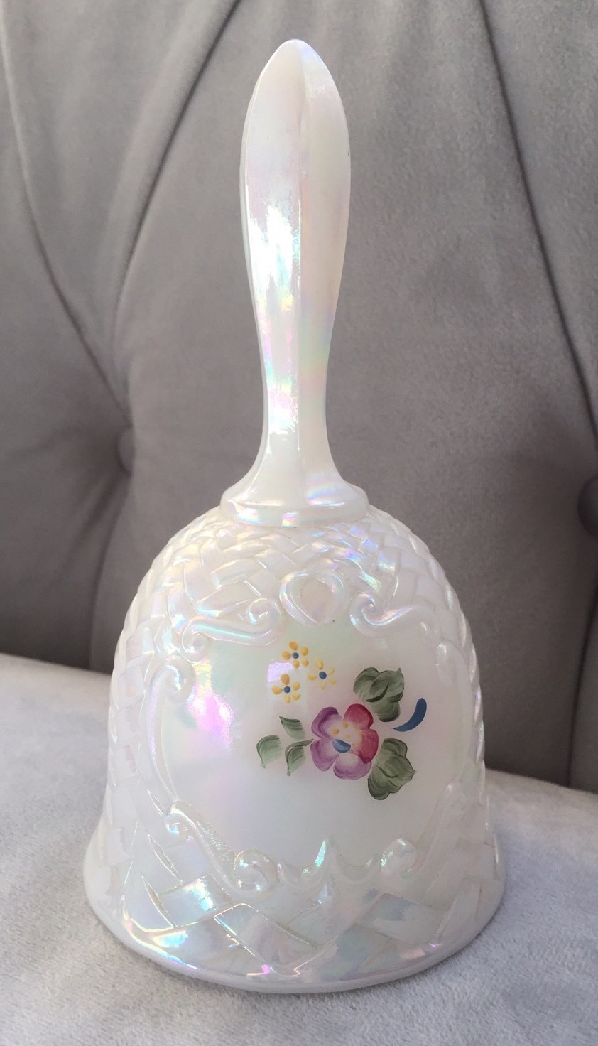Fenton Milk Glass Bell, Carnival Glass, Hand painted By S. Hopkins, 1990’s