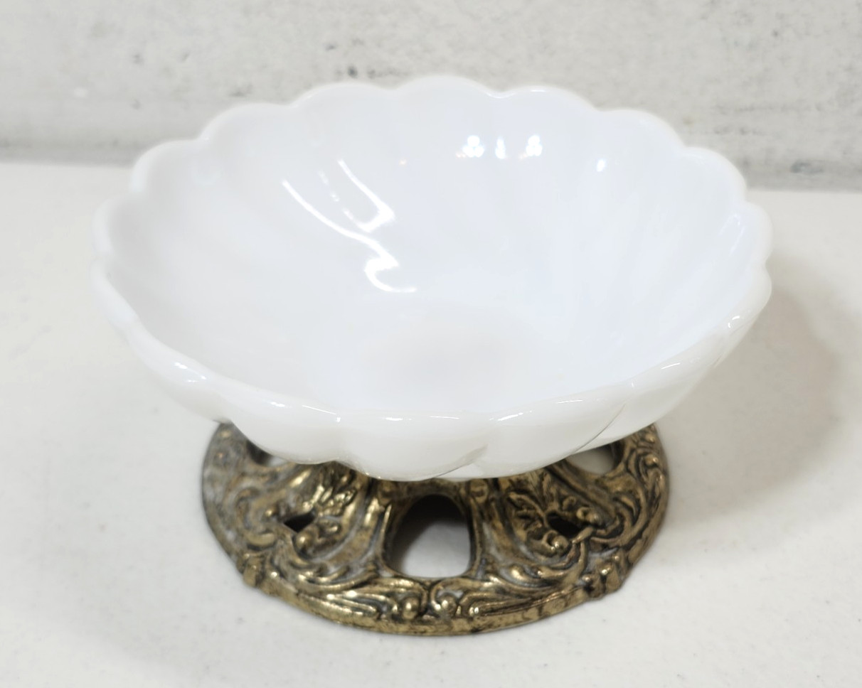 White Milk Glass Jewelry Trinket Nuts Candy Dish Metal Base Ornate Home Decor