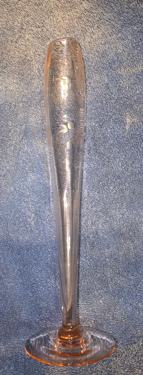 Etched Glass Tall Stemmed Vase or Champagne Flute Amber Stem Floral 10” Vintage