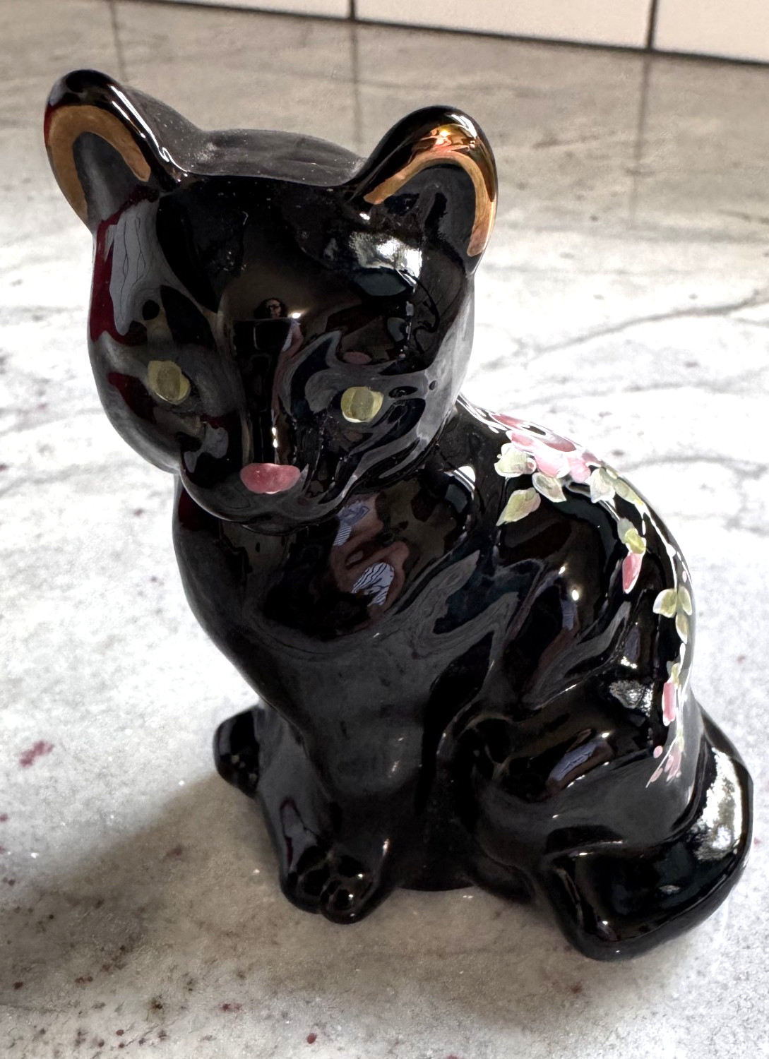 Vintage Fenton Black Copper Rose Cat 1989 B. Cumberledge Original Labels 4 Inch