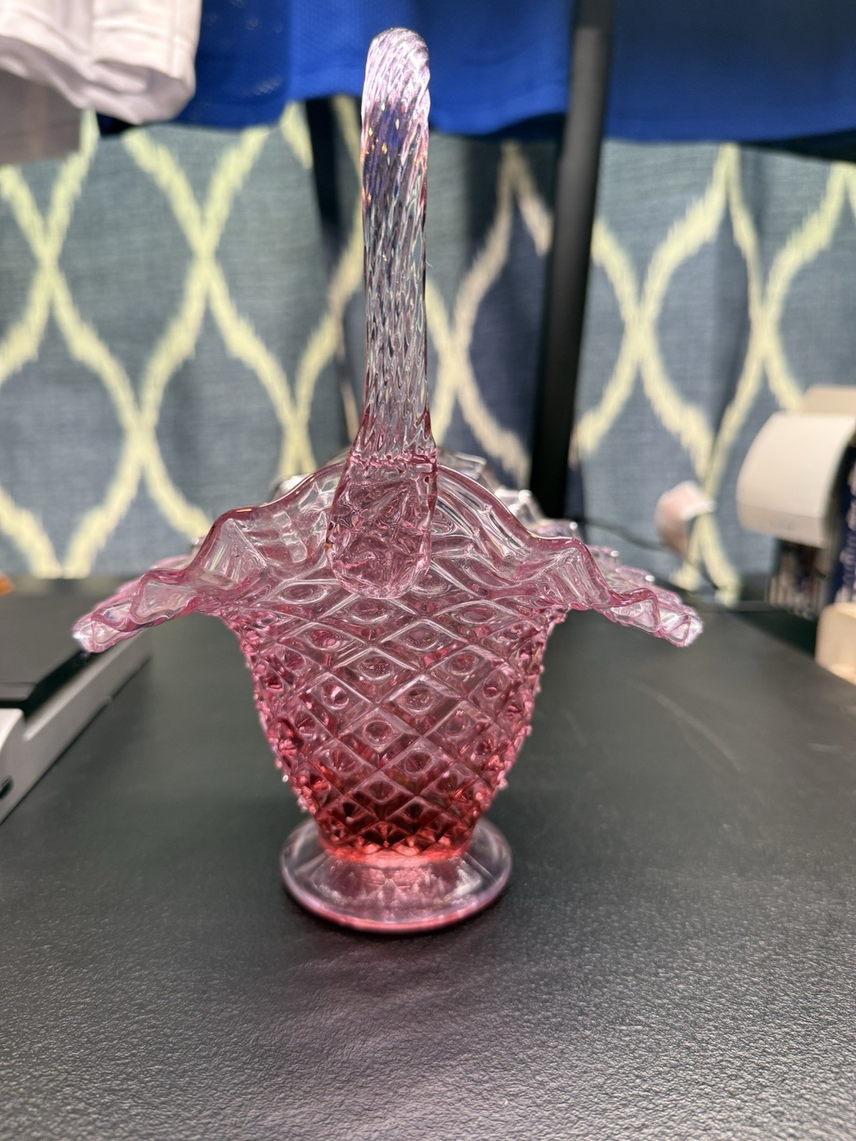 Fenton Dusty Rose Diamond Lace Hobnail Pattern Glass Basket Marked