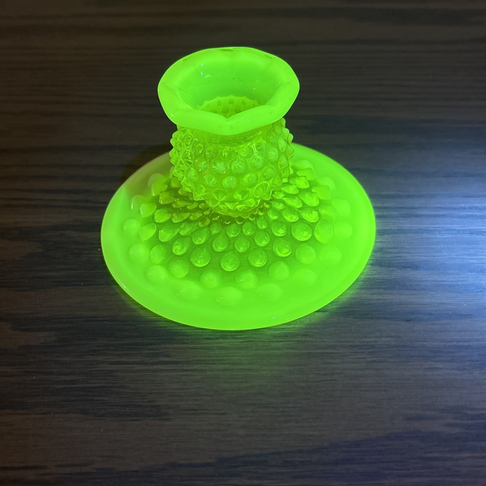 1 Fenton Hobnail Candlestick Holder Vaseline Topaz Opalescent Uranium 3” H
