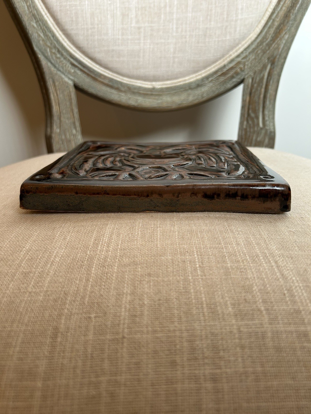 VTG Pewabic Pottery Two Headed Imperial Eagle 7.5” Tile With Tortoiseshell Glaze