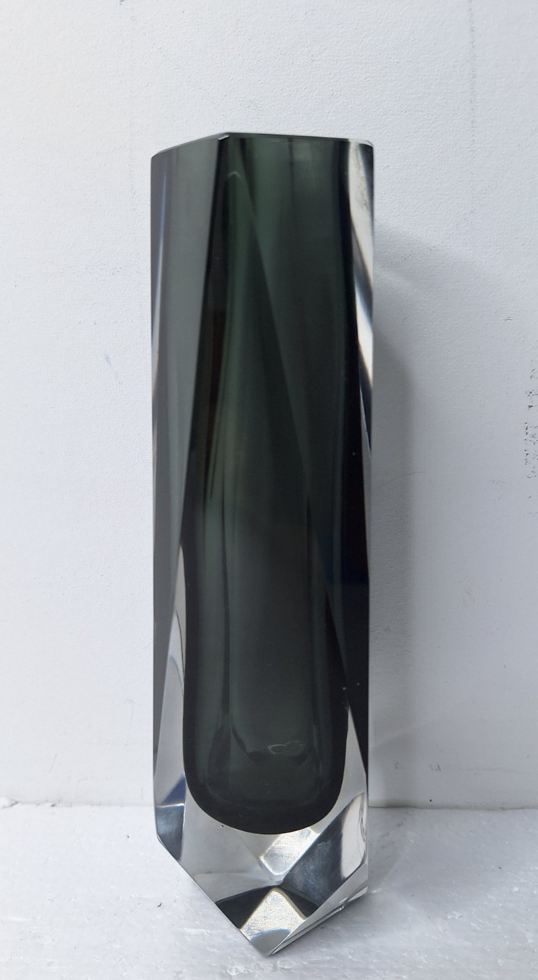 Vtg Murano Glass Vase Faceted Sommerso Art Smoke Gray/Clear 8″ Vases