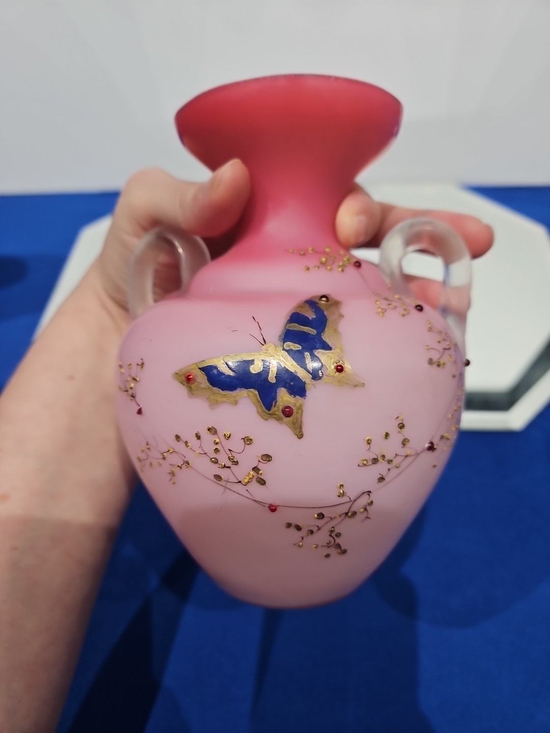 Art Glass Vase w/ handles Cased Pink white Peach Blow butterfly enamel victorian