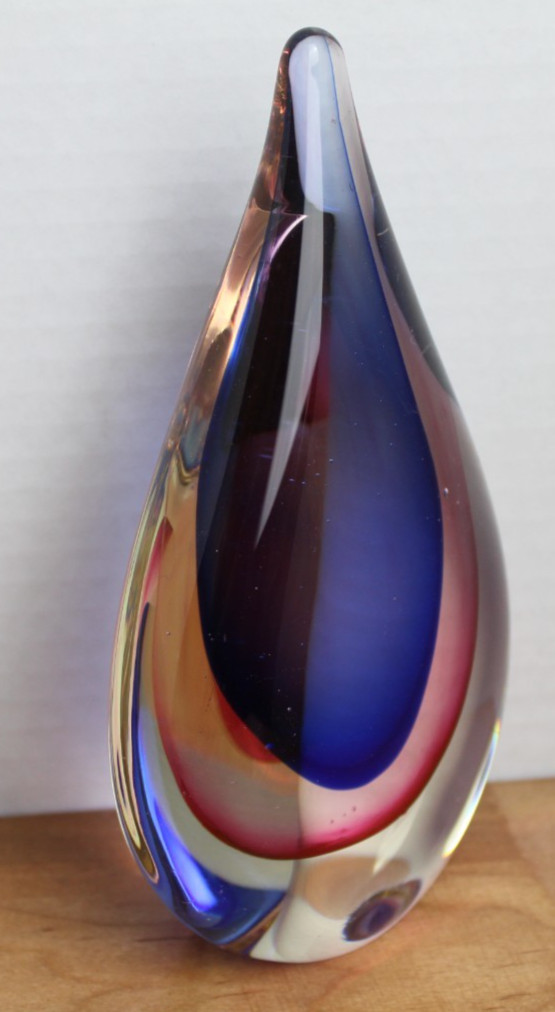 Art Glass Paperweight Red Blue Clear Teardrop 6.5” Tall
