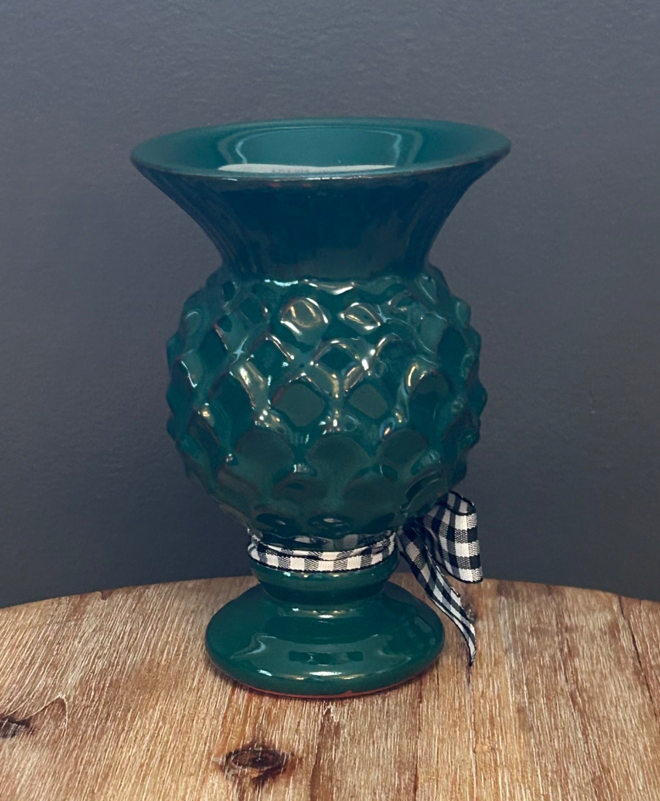 MacKenzie-Childs Ceramic Mini Thistle Vase Gingham Bow – Jade Green -Brand New!