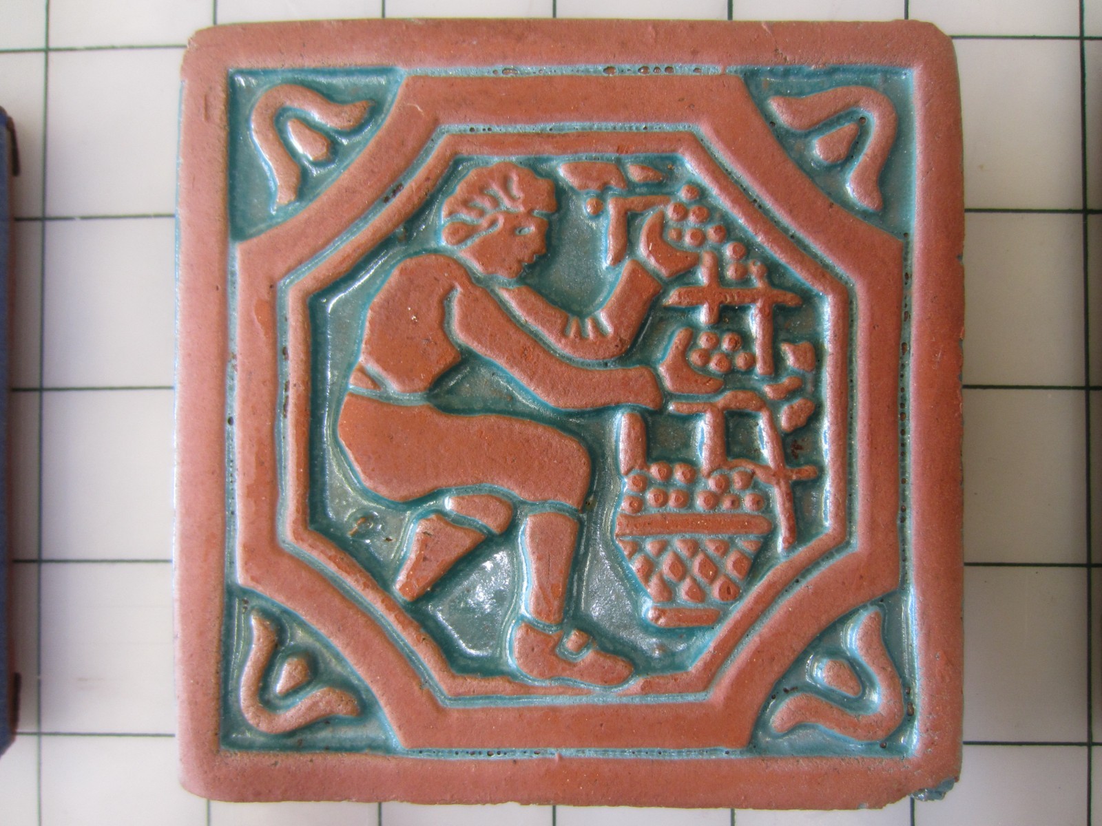 Lot of 3 Moravian Tile Works 4 x 4″ Art Pottery PA, Sheep, Wine Grapes, Artist