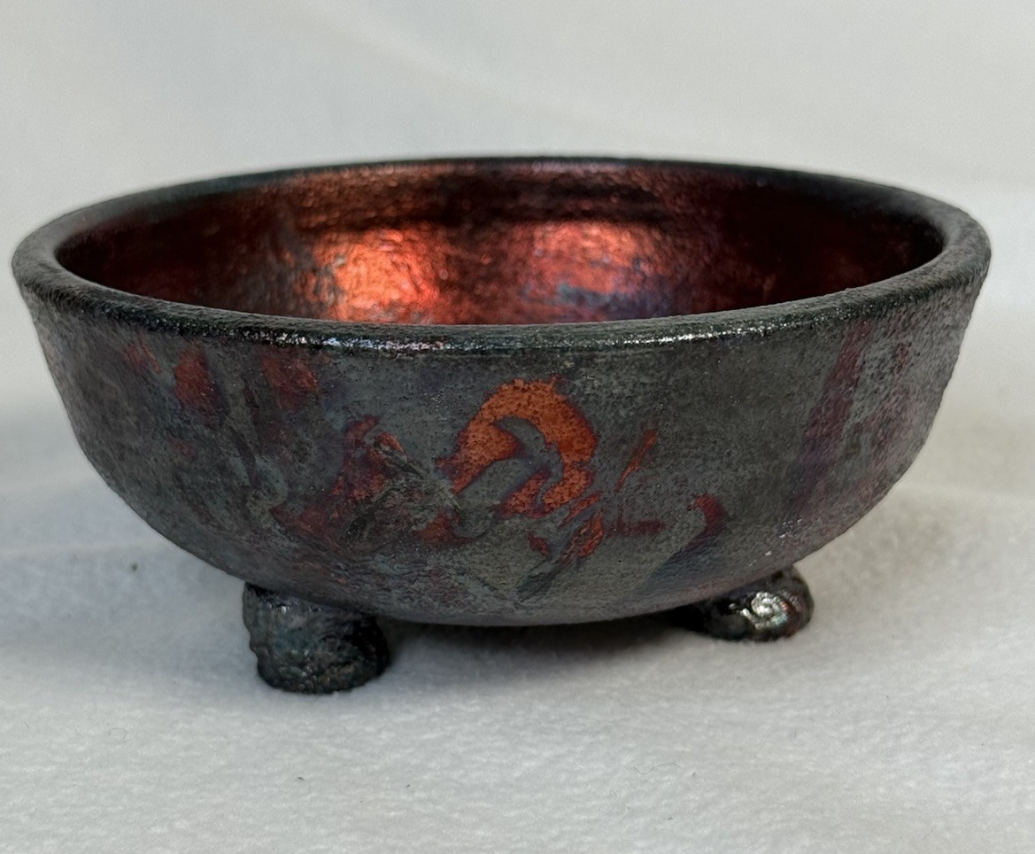 RAKU Studio Art Pottery Footed Bowl Ceramics Stamped 122