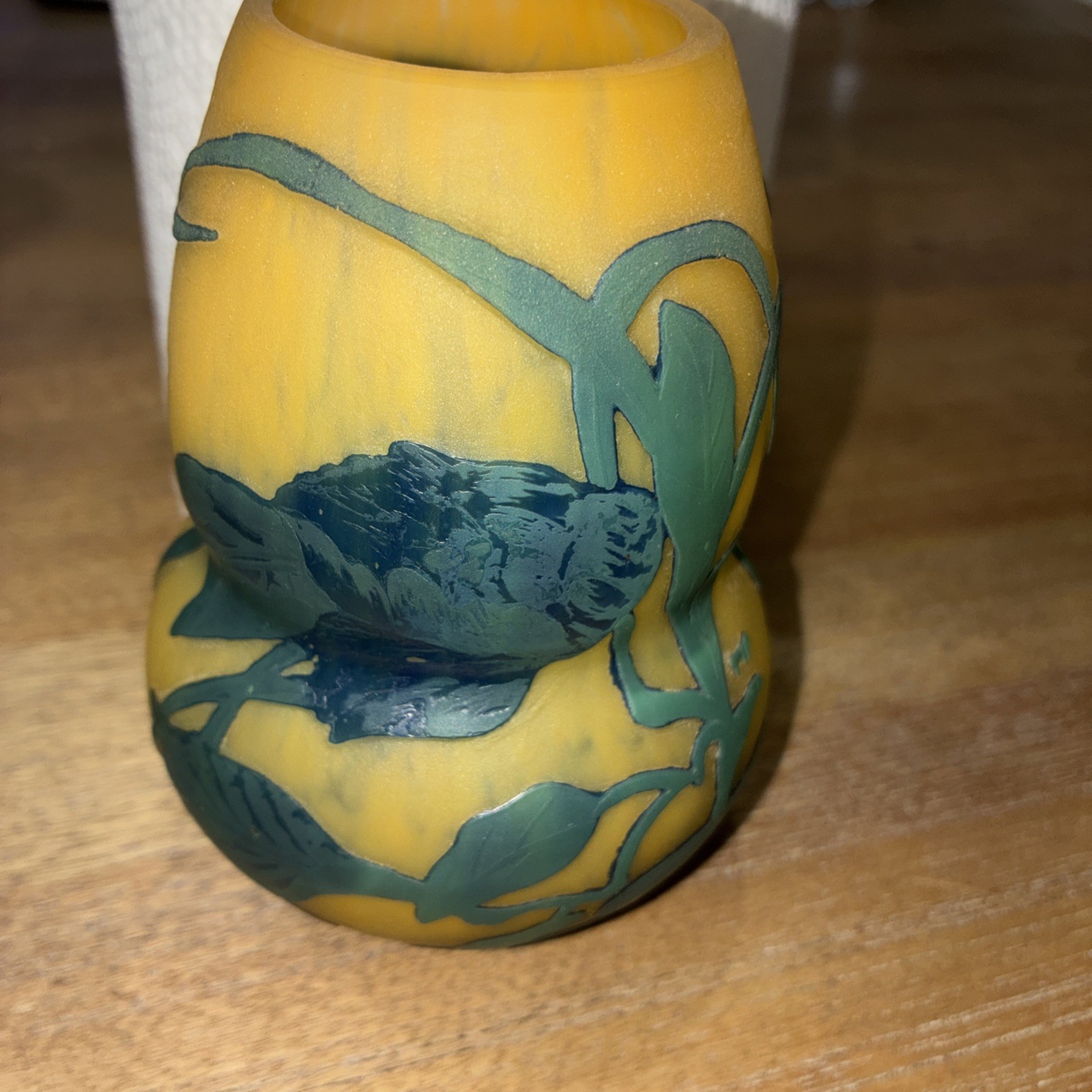“Signed Gallé Style Cameo Glass Vase Yellow Green Floral Art Glass”