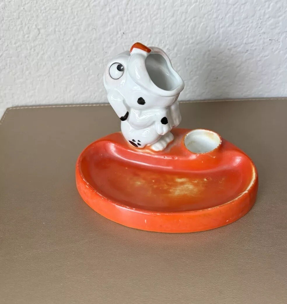 VTG Bonzo Dog Inkwell, Candle or Matches Holder Orange Hand Painted 30s Rare