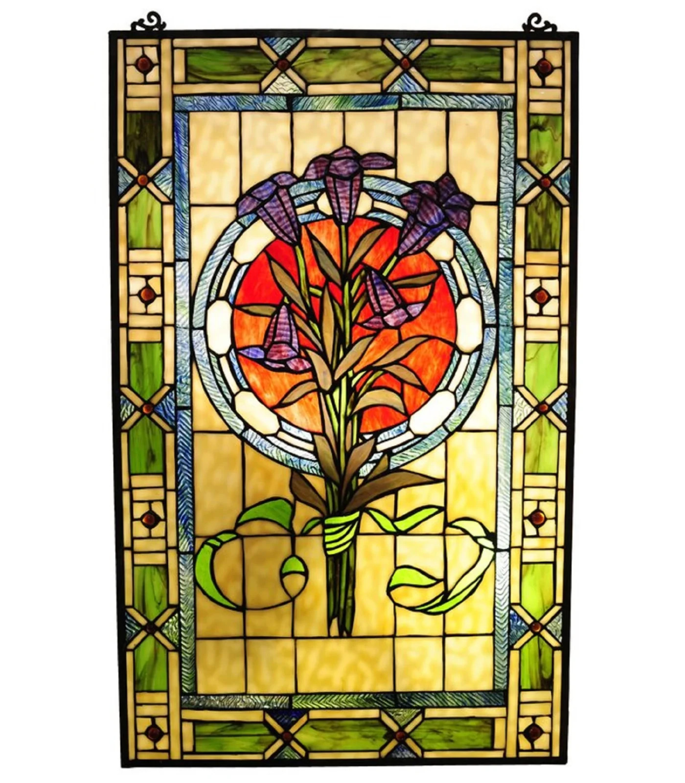 Stained Glass Window Panels Colorful Floral Tulips Tiffany Style MATCHING PAIR