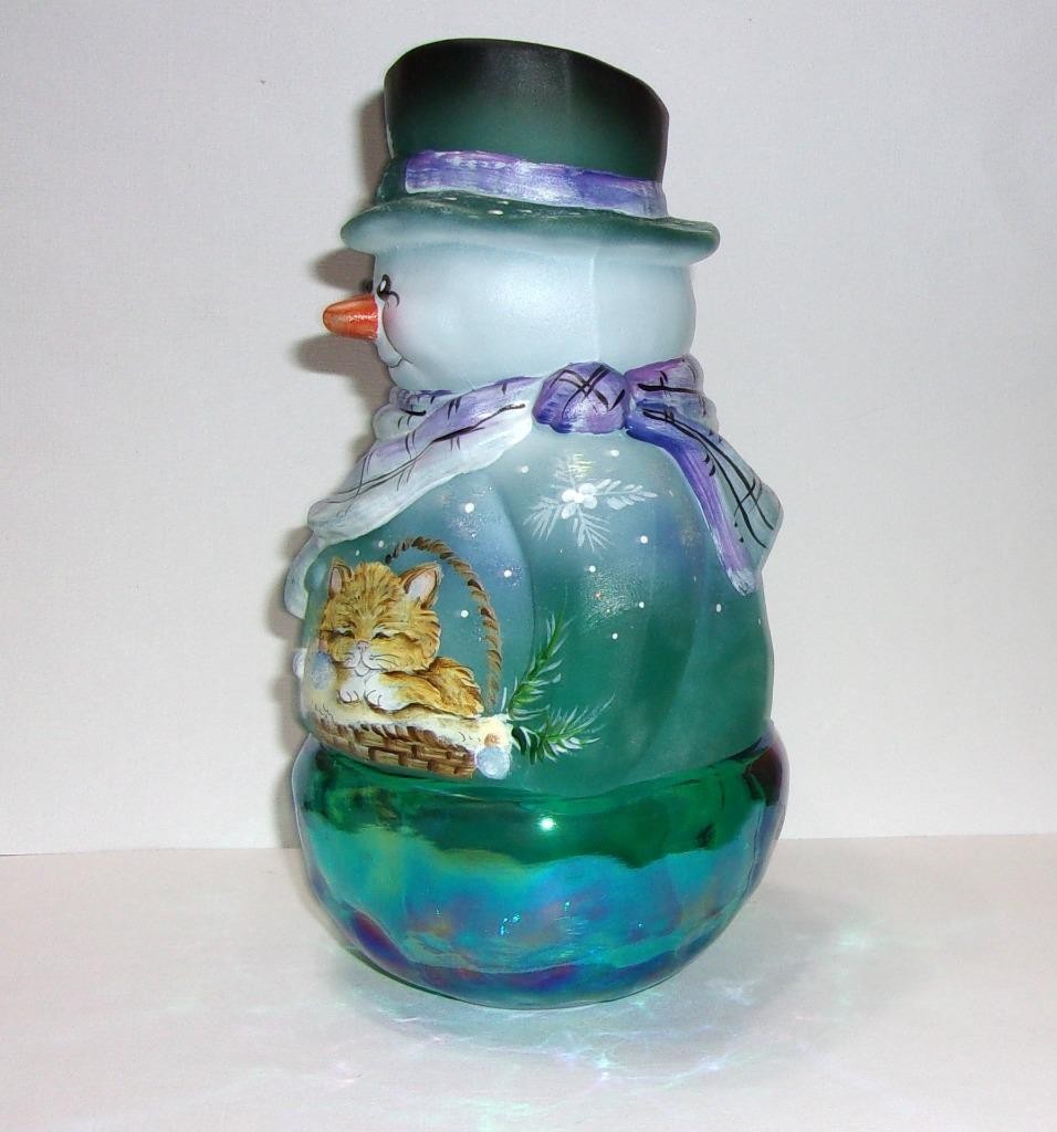 Fenton Glass Teal Carnival Winter Nap Kitten Snowman Fairy Light Ltd Ed #18/30