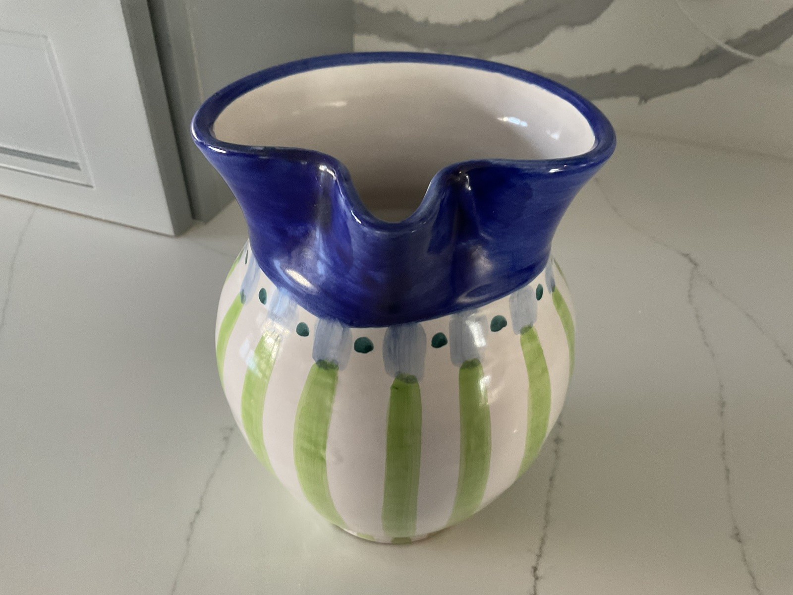 Italian Pottery Pitcher Blue Green Striped Country Fair Made In Italy