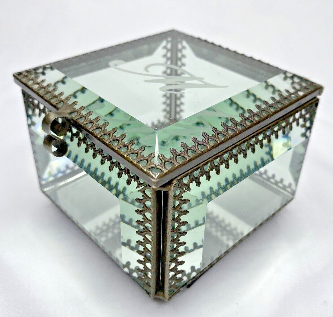 Nicole Miller Antiqued Brass Ormolu Beveled Glass Footed Jewelry Box