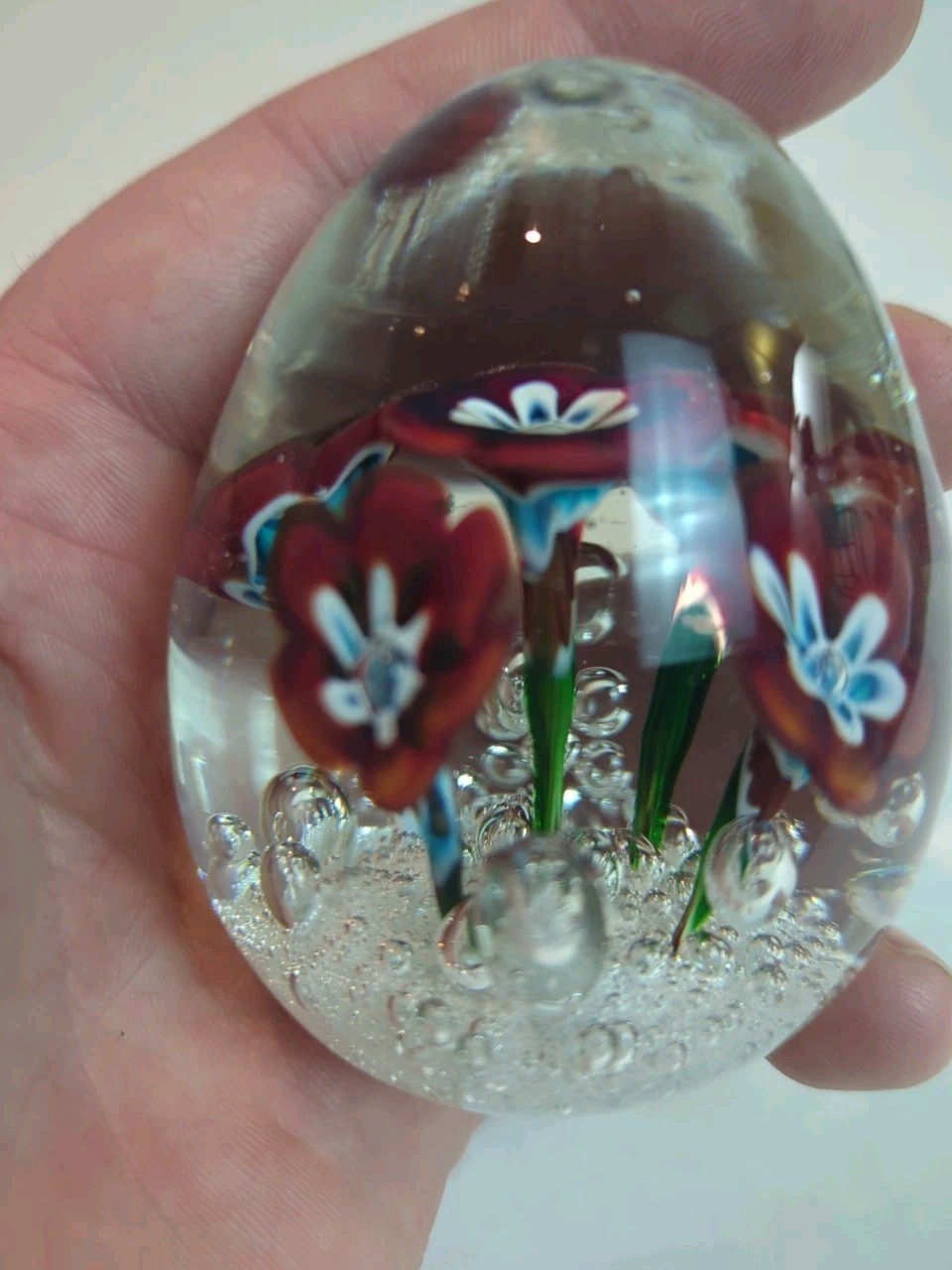 MURANO Glass PAPERWEIGHT EGG LAMPWORK FLOWERS Bubble’s Original Sticker Italy
