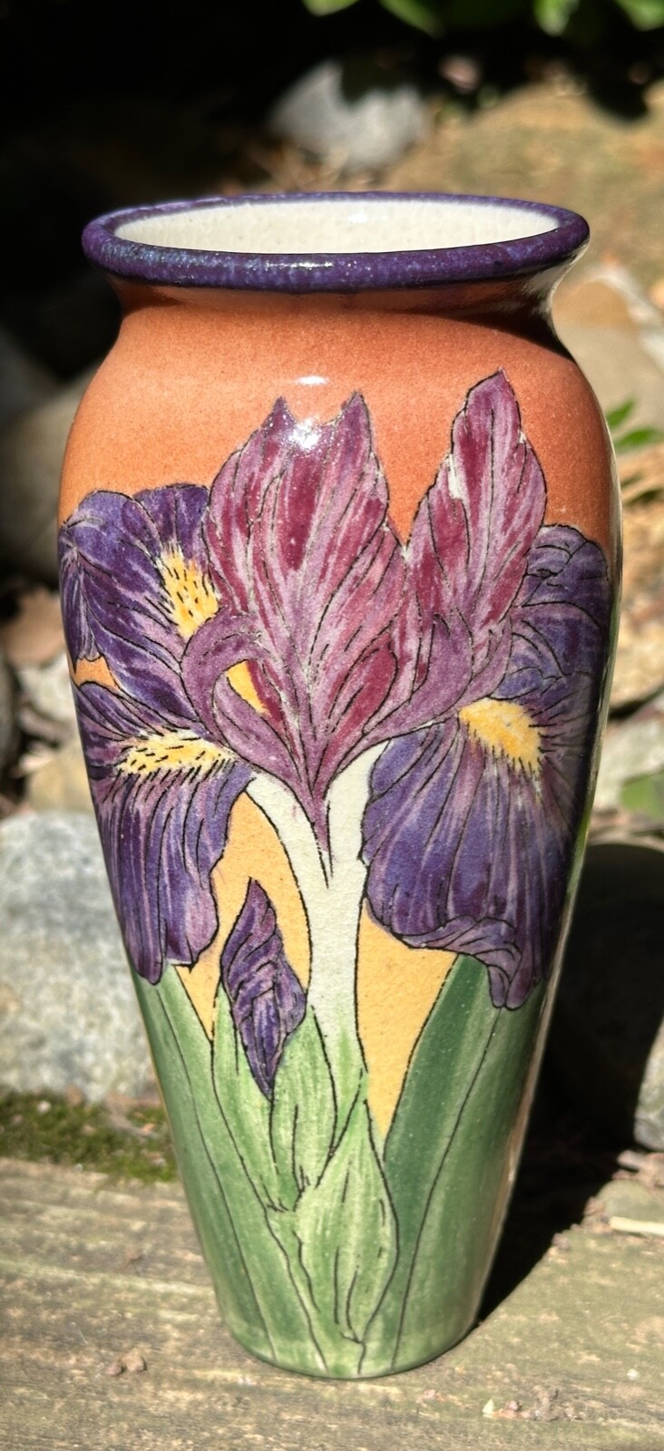 Santa Barbara Ceramic Design 1982 Art Pottery Hand Painted Iris Vase Artist