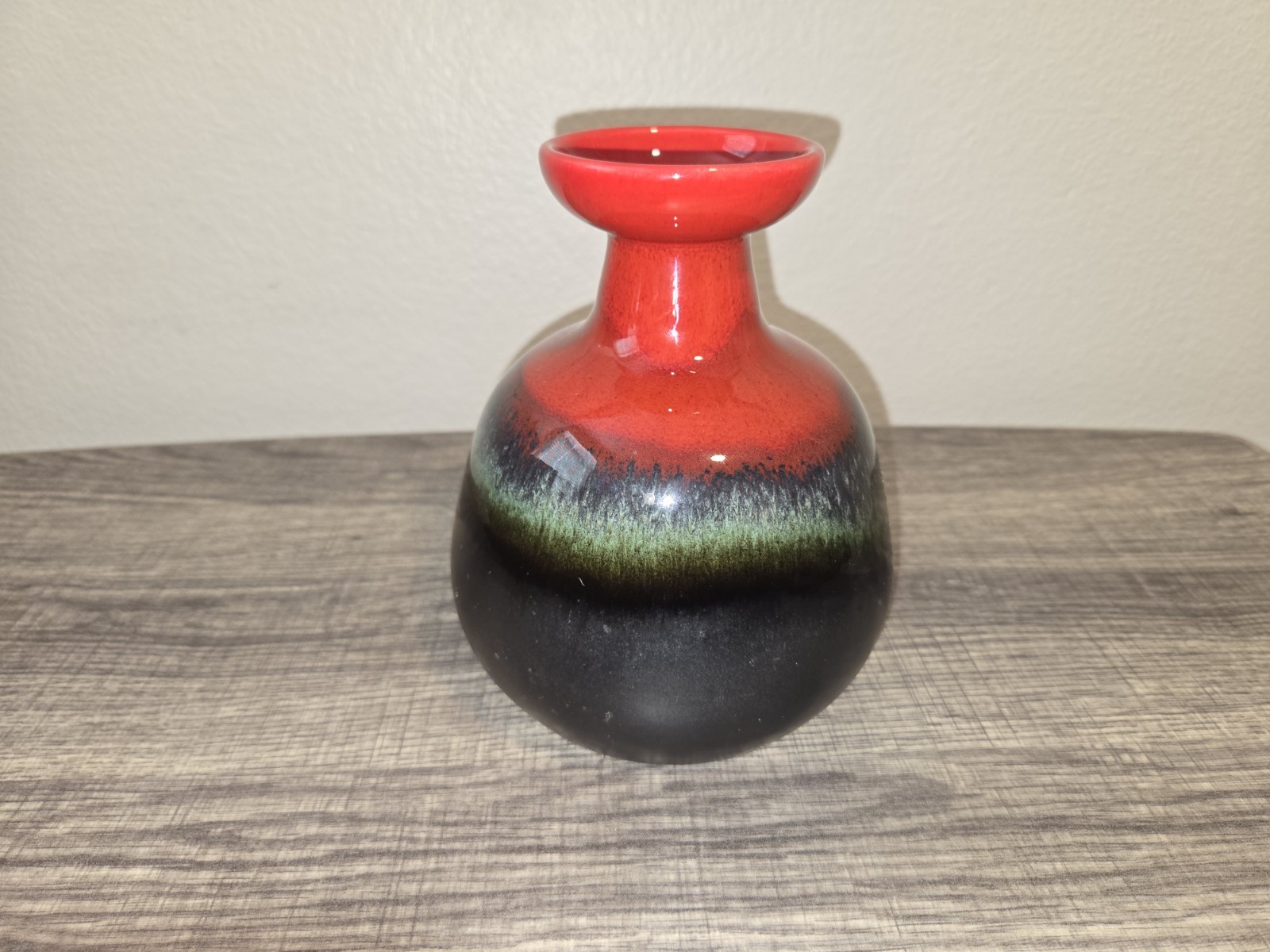 Hutschenreuther Style Fat Lava Bulbous Vase, Glossy Red, Green, And Black Matte