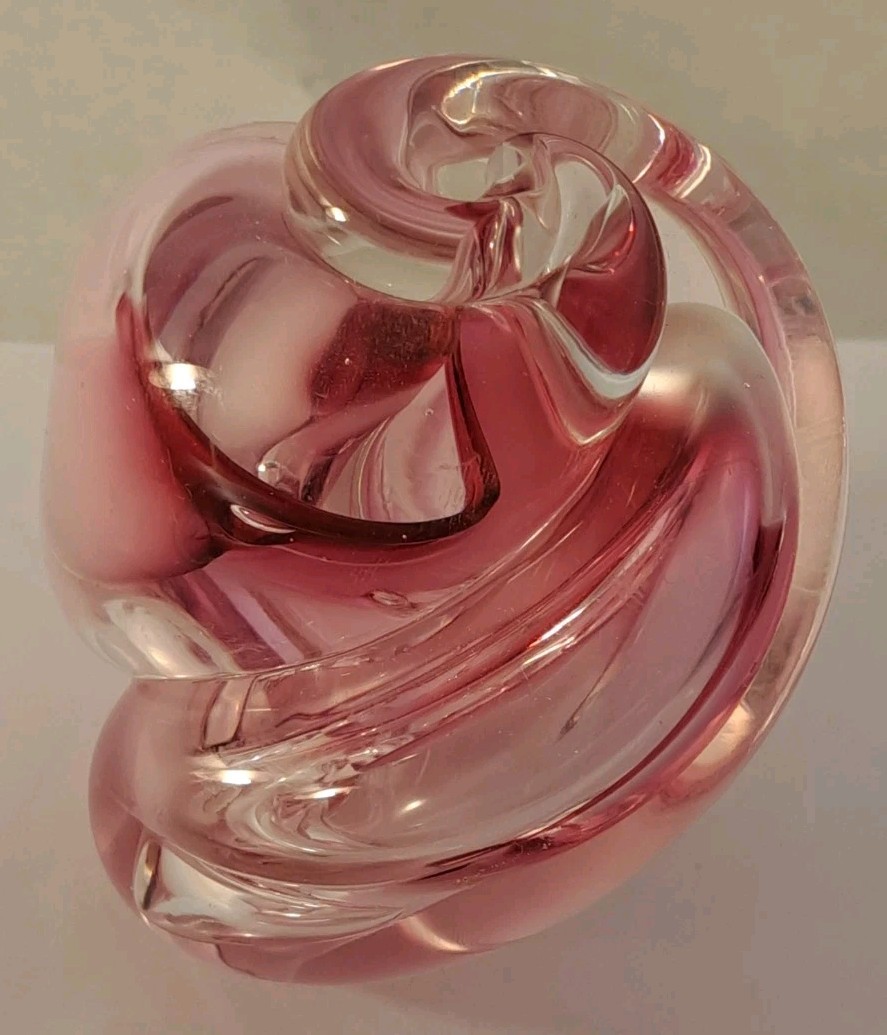 Pink Purple Clear Art Glass Paperweight Nautilus Shell Swirl 3 1/4” Signed