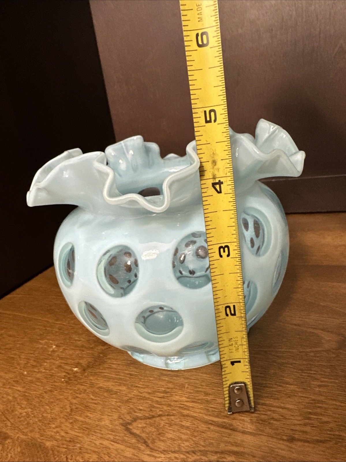 Fenton Aqua Blue Opalescent Coin Dot Double Crimped Vase 4.5″ Vintage