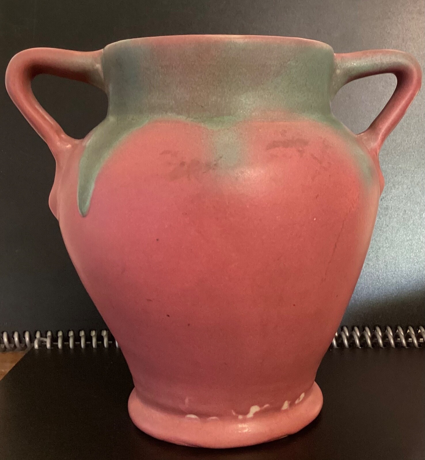 Muncie Pottery green over rose drip glaze vase