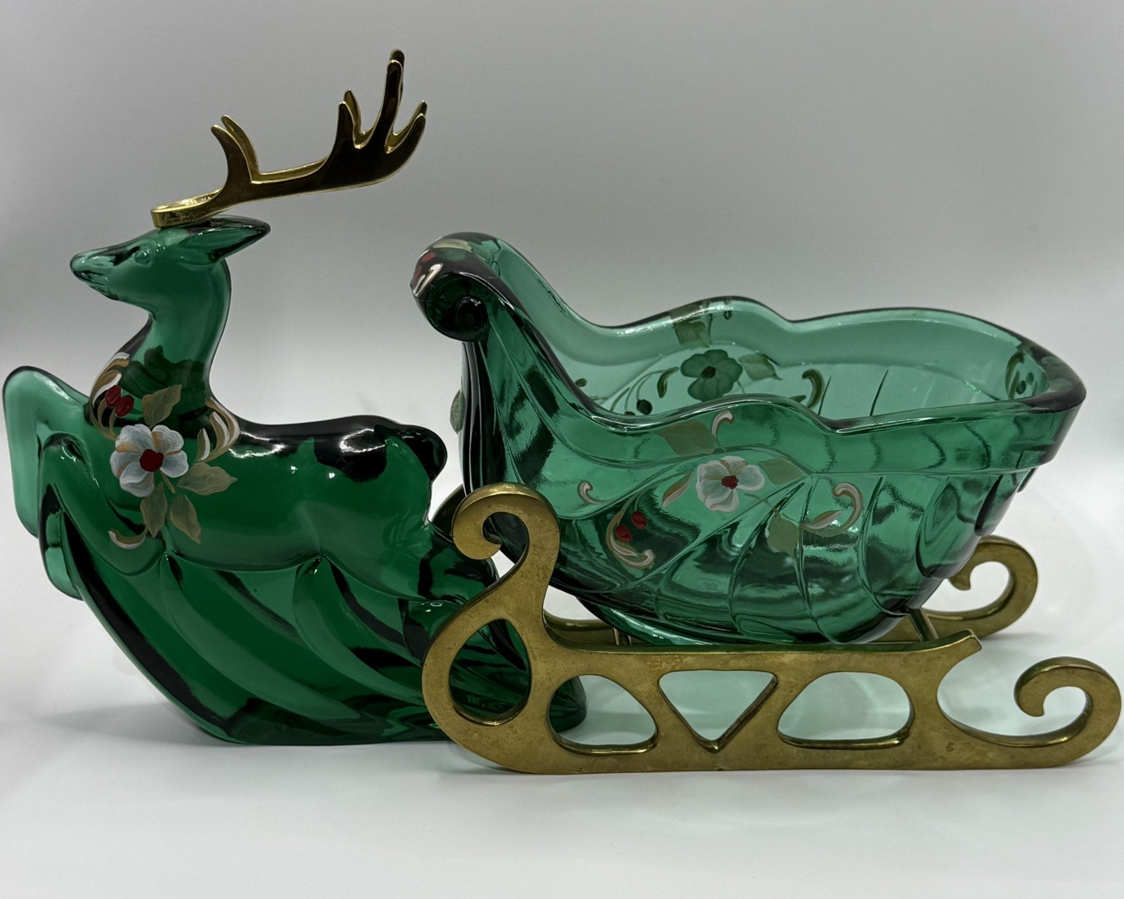Fenton Reindeer with Original Antlers & Sleigh Christmas Figurines Spruce Green