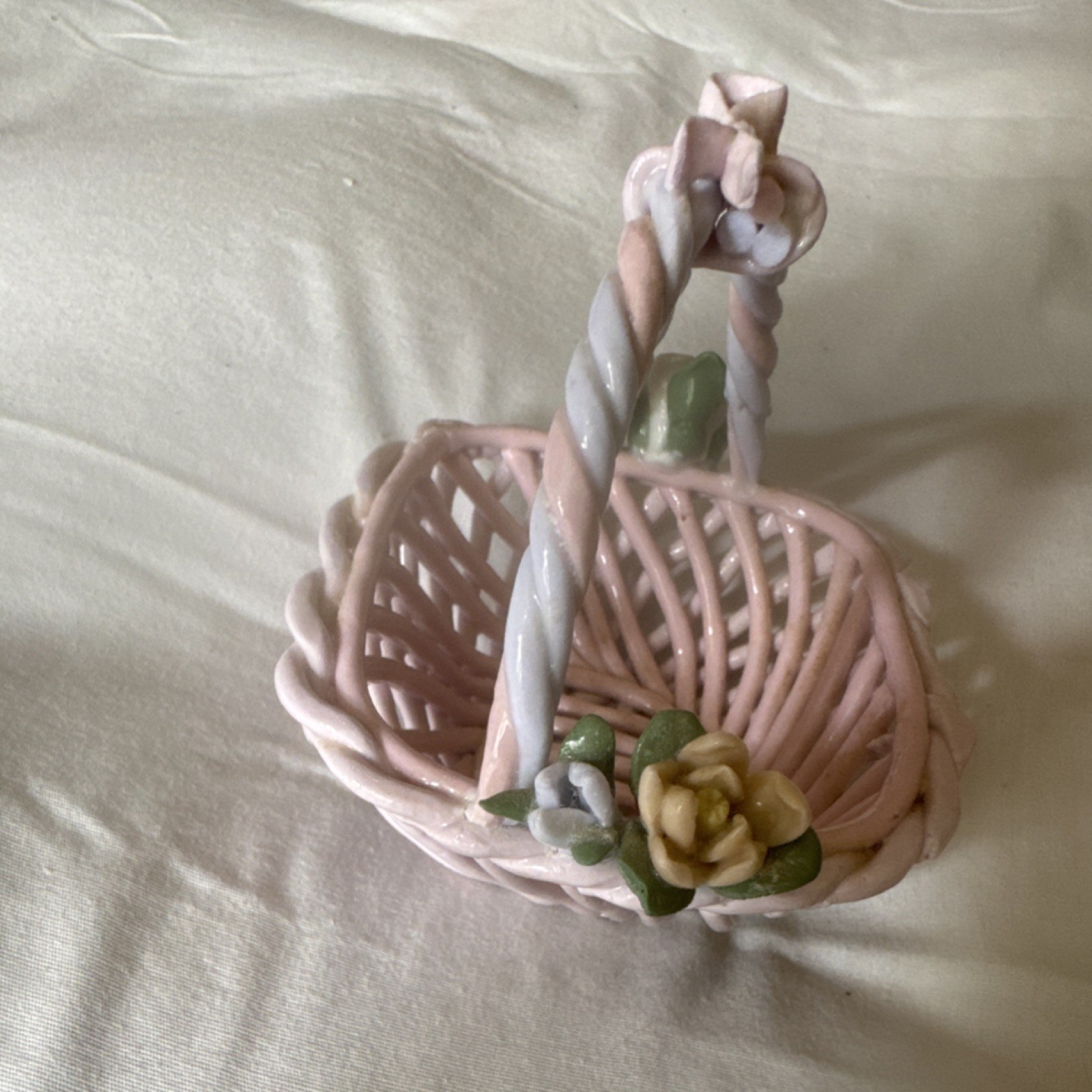 Pink Ceramic Floral Decorative Basket Hand Painted Oval with Handle