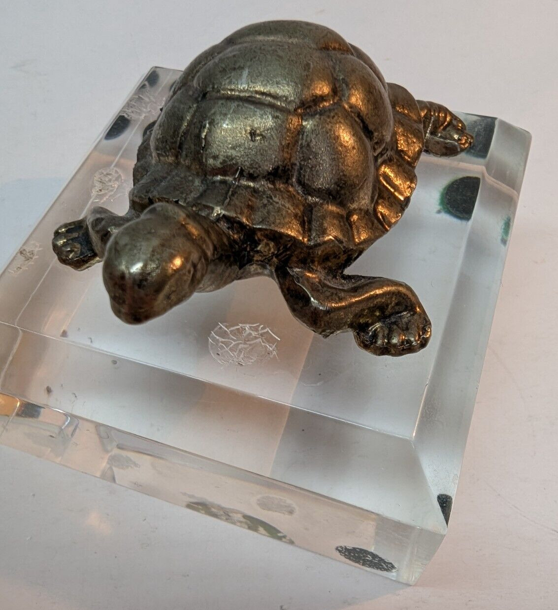 Solid Bronze Turtle Figure Clear Glass Square Base 3 Inch Paperweight Vintage