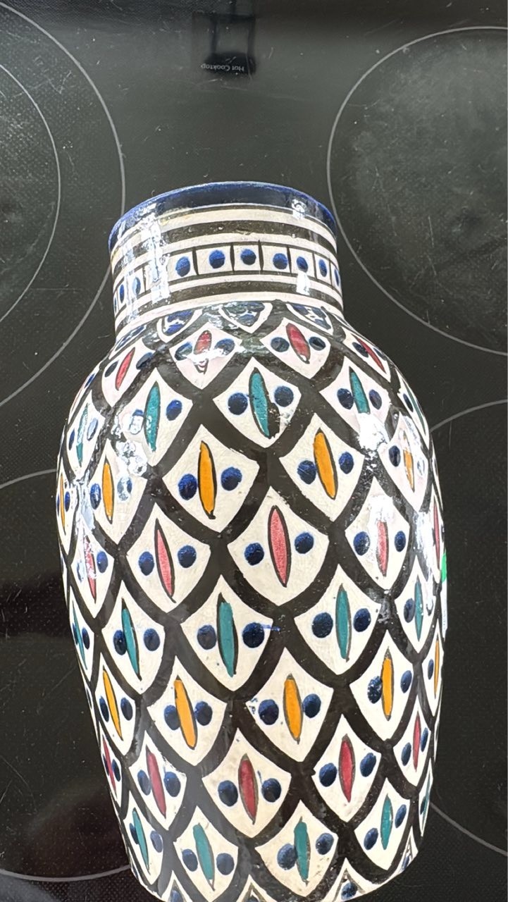 SAFI Vintage Moroccan VASE 8 1/2 ” Multi Hand Painted Red Clay Pottery Morocco