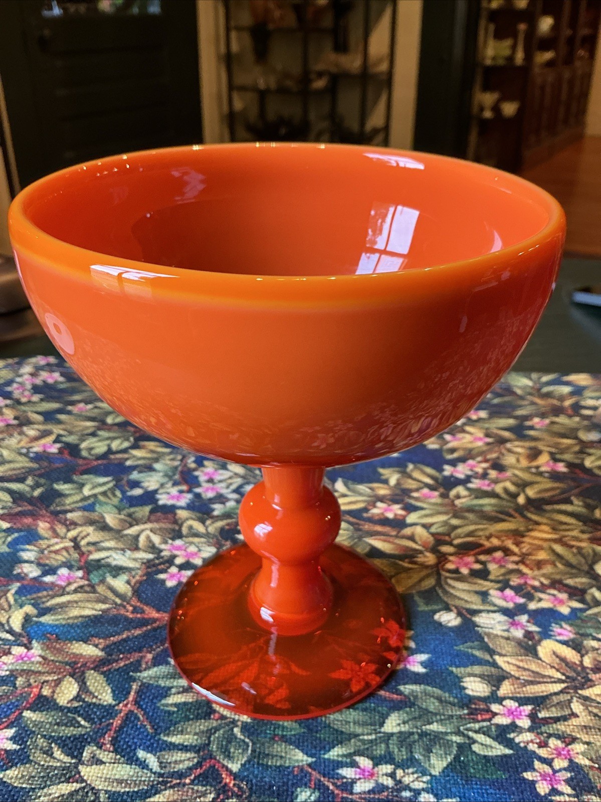MCM 6.75” Erik Hoglund Boda Opaque Orange Glass Compote Signed Retro
