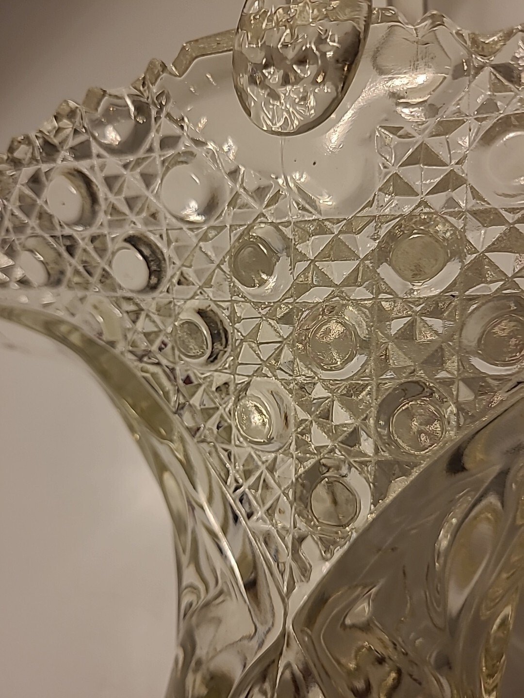 Vintage Lead Crystal Cut Glass Basket Vase w Handle 12″ H x 10″ L x 5″ W