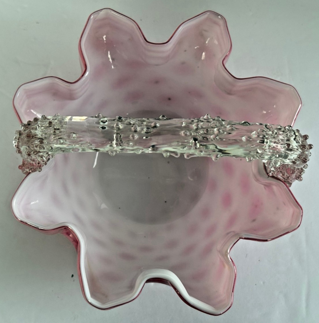 Vtg Art Glass Thorn Handled Basket Pink Spots Speckled, White Lined, Franz Welz?