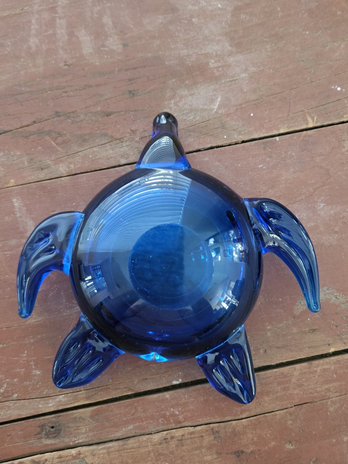 Vintage Handblown Blue Art Glass Figural Sea Turtle Trinket Dish Bowl