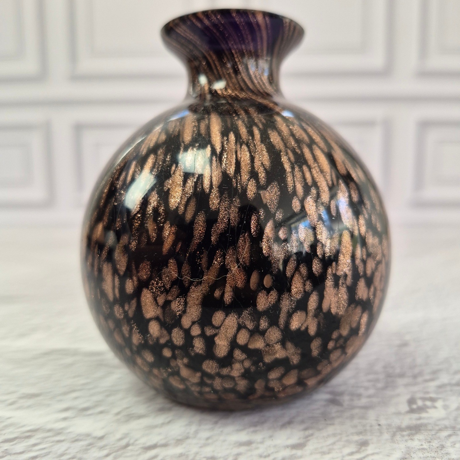 Vintage Italian Art Glass Vase Featuring Black Glass Copper Aventurine Speckled
