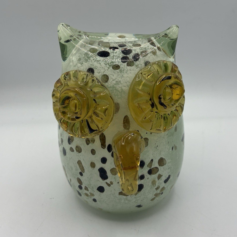Art Glass Owl Figurine Spotted Clear Yellow Black White Paper Weight