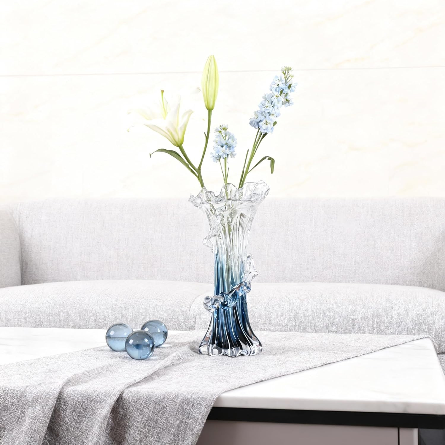 9.8″ Blue Hand Blown Glass Vase – Unique Coastal Centerpiece for Home Decor