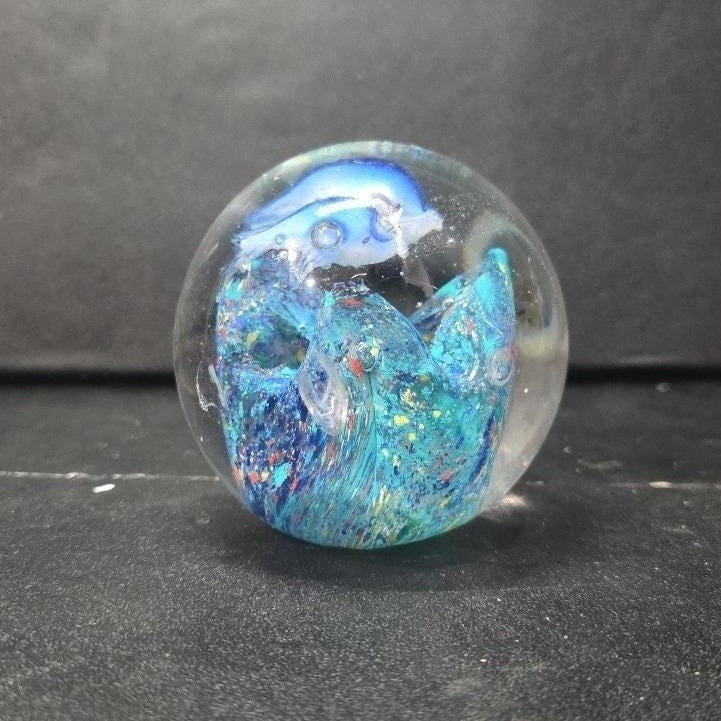 Murano Style Heavy Glass Paperweight, Nautical Seascape, Dolphin and Reef Design