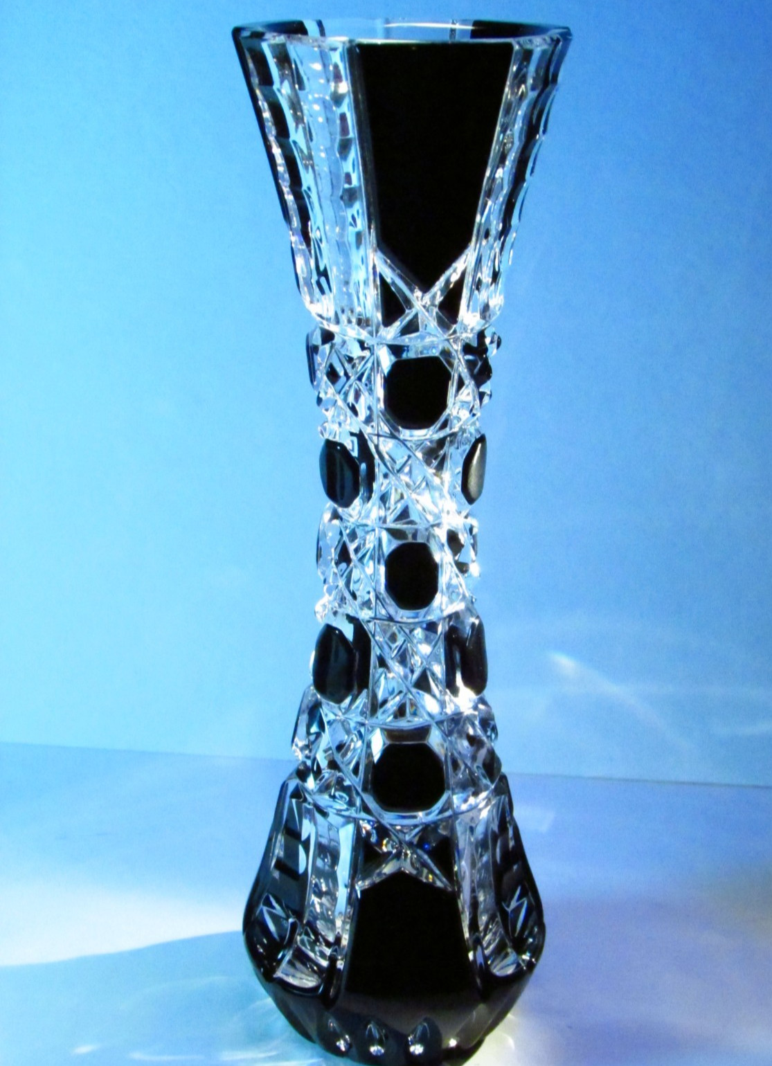 CAESAR CRYSTAL Black Vase Hand Cut to Clear Overlay Czech Bohemia Cased