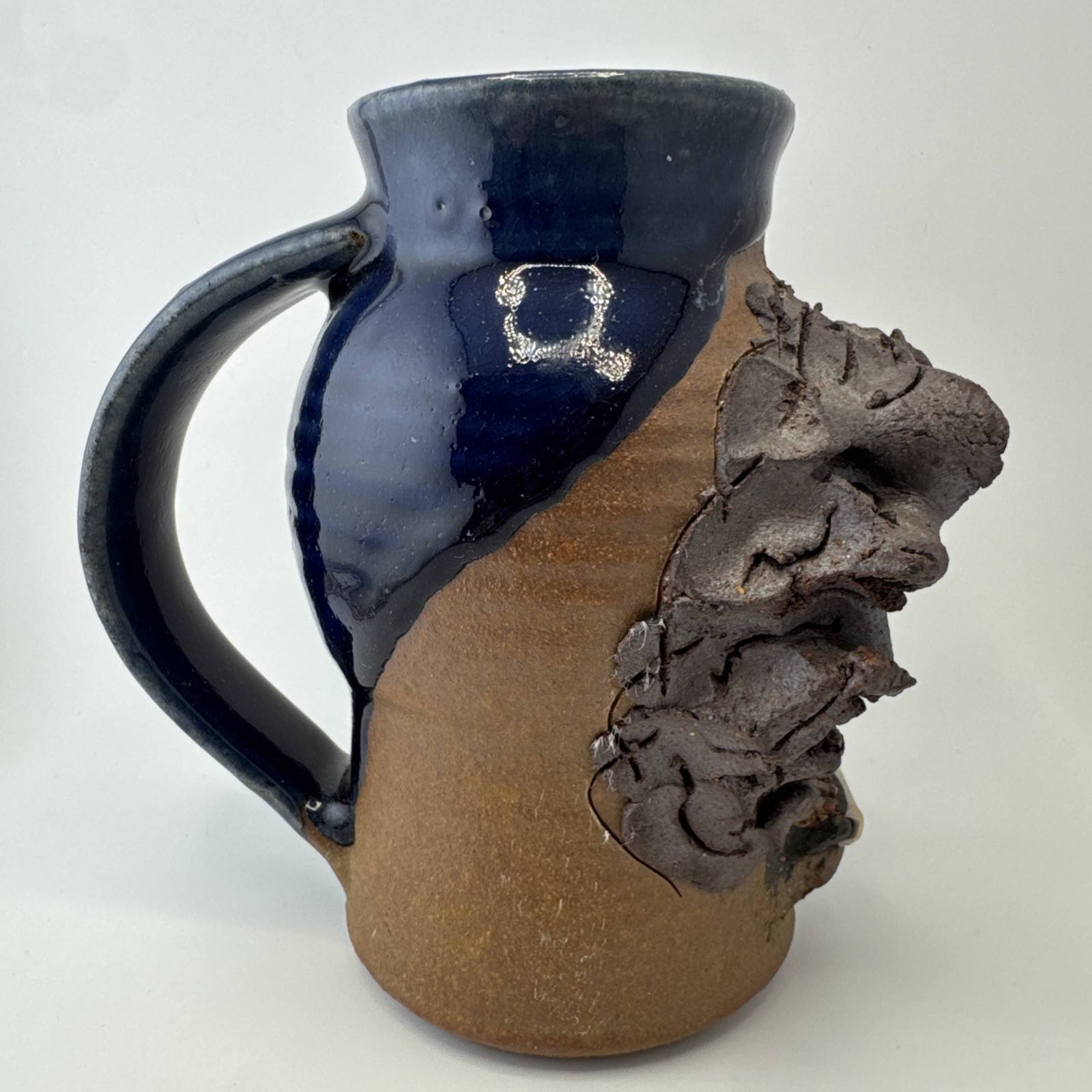 Vintage Handmade Ugly Face Pottery Stoneware Mug Blue Office Woman Typing