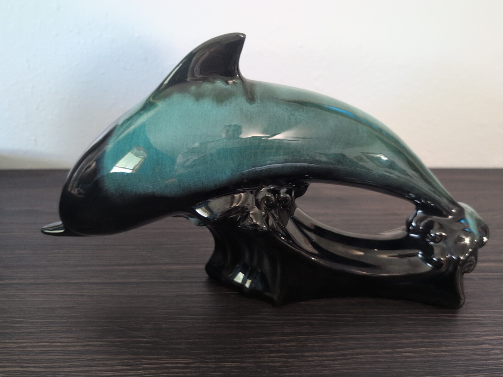 VTG Blue Mountain Pottery Jumping Dolphin Drip Glaze Turquoise Black Waves 12”