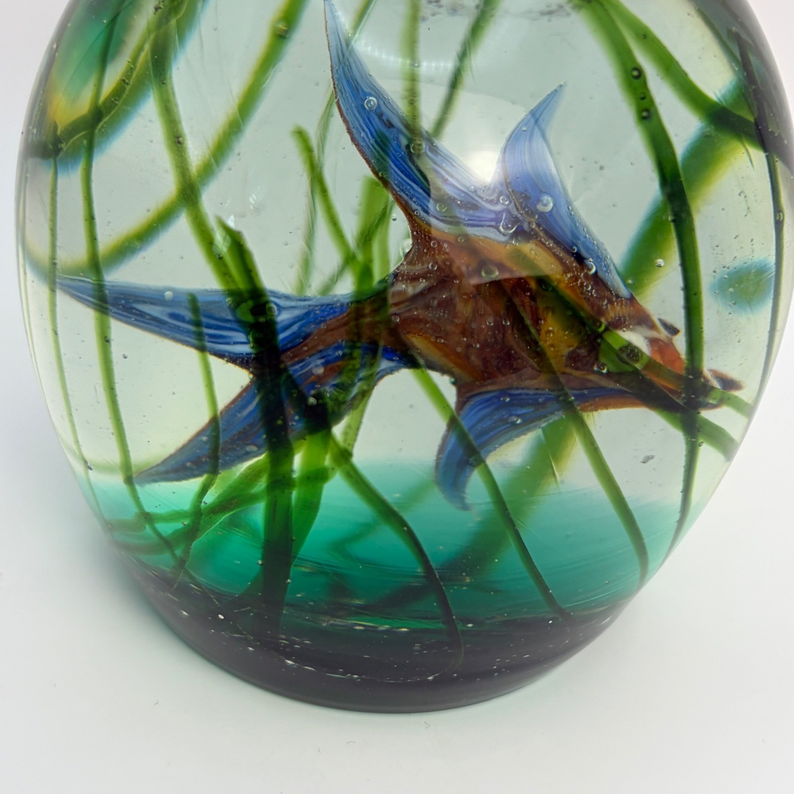 Vintage Art Glass Paperweight Green Blue Bubble Murano Style Heavy Glass Orb