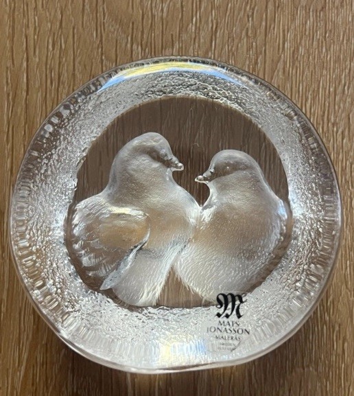 Vtg Signed Mats Jonasson Sweden Turtle Dove Etched Crystal Art Glass Paperweight